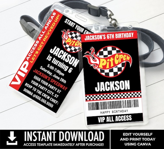 Pit Crew Badge-Invite, Cars Birthday Party, VIP All Access Badge,Pit Crew ID Badge,Race Car | Edit using CANVA–Instant Download Printable