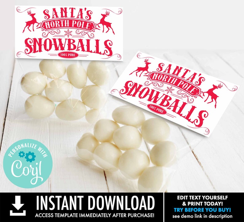 Pode incluir: Etiquetas de presente imprim&iacute;veis com texto vermelho que diz "Santa's North Pole Snowballs 100% Pure" em um fundo branco. As etiquetas est&atilde;o ao lado de uma bolsa de bolas de neve de chocolate branco.
