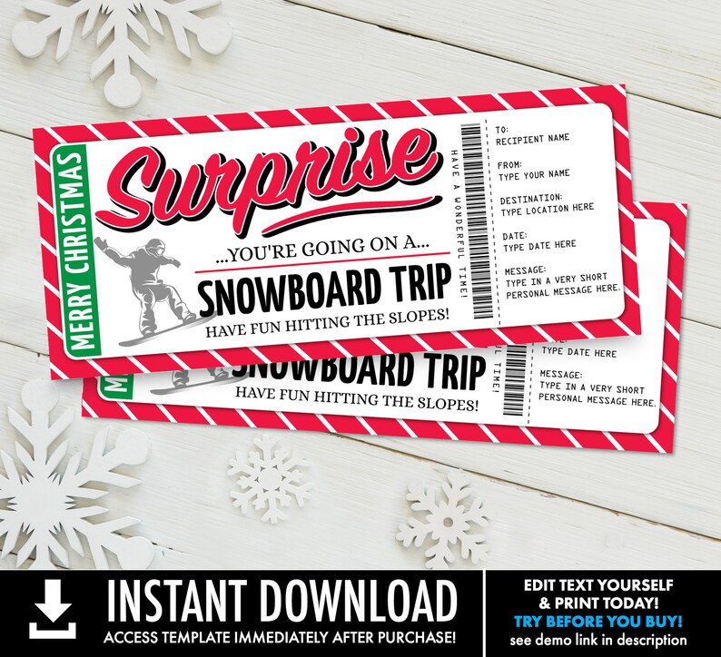 Christmas Snowboarding Trip Ticket  Surprise Gift Voucher image 1
