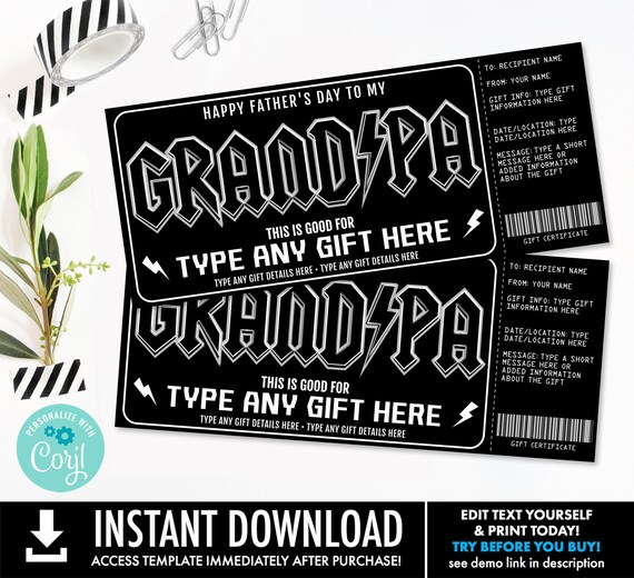 Grandpa Father's Day Gift Certificate, Grandpa Gift,Surprise Gift,Concert,Boarding Pass | Personalize using CORJL-INSTANT DOWNLOAD Printable