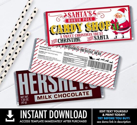 Christmas Candy Bar Candy Bar Label/Wrapper from Santa, Santa's Candy Shop, Elf Treat | Self-Edit with CORJL - INSTANT Download Printable Il_570xn