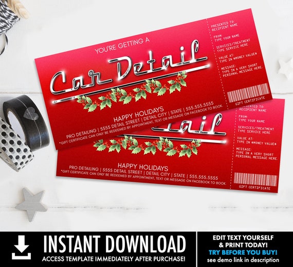 Christmas Car Detail Gift Certificate,Car Detailing Surprise Gift Voucher | You Personalize with CORJL - INSTANT DOWNLOAD Printable Template