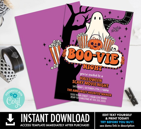 Halloween Backyard Boo-vie Night Invite, Outdoor Movie, Retro Scary Movie Night Invite | Self-Edit with CORJL–INSTANT DOWNLOAD Printable