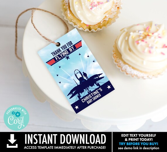 Fighter Pilot Baby Shower Favor Tag, Top Gun Party Tag, Baby Shower Gift Tag SelfEdit Text