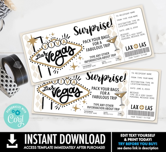 Surprise Trip to Las Vegas, Surprise Ticket Voucher, Vacation Reveal, Weekend Getaway | Self-Edit with CORJL - INSTANT DOWNLOAD Printable