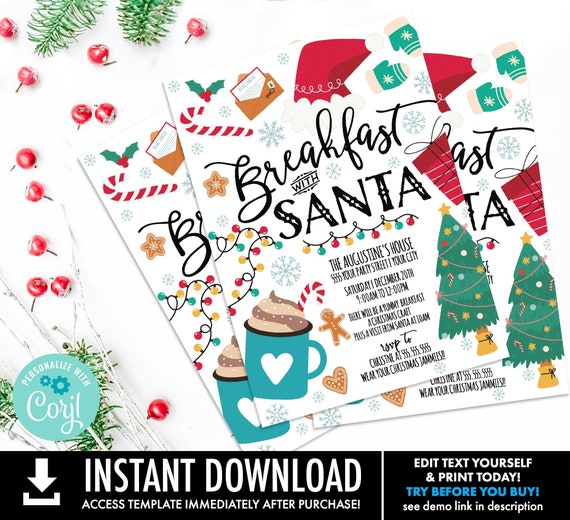 Breakfast with Santa 11x17 Flyer - Christmas Party, Brunch with Santa | Self-Editing with CORJL - INSTANT DOWNLOAD Printable