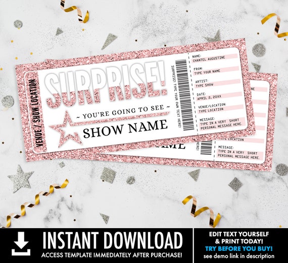 Surprise Concert Ticket Gift Voucher - Christmas Birthday Anniversary Retirement Graduation | Edit with CORJL - INSTANT DOWNLOAD Printable