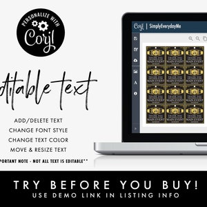 Pode incluir: Um ecr&atilde; de computador port&aacute;til que mostra um programa de design digital com um conjunto de nove etiquetas de favor pretas e douradas que dizem "Obrigado por vir ao evento principal". O texto "Corjl | Simply EverydayMe" &eacute; vis&iacute;vel na parte superior do ecr&atilde;. O texto "Experimente antes de comprar! Use o link de demonstra&ccedil;&atilde;o nas informa&ccedil;&otilde;es da lista" &eacute; vis&iacute;vel na parte inferior da imagem.