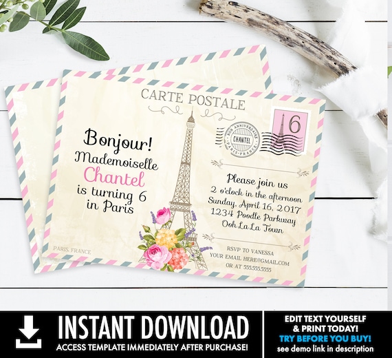 Paris Postcard Invitation - Paris Birthday , Postcard to Paris, First Birthday | Self-Edit with CORJL - INSTANT DOWNLOAD Printable Template Il_570xn