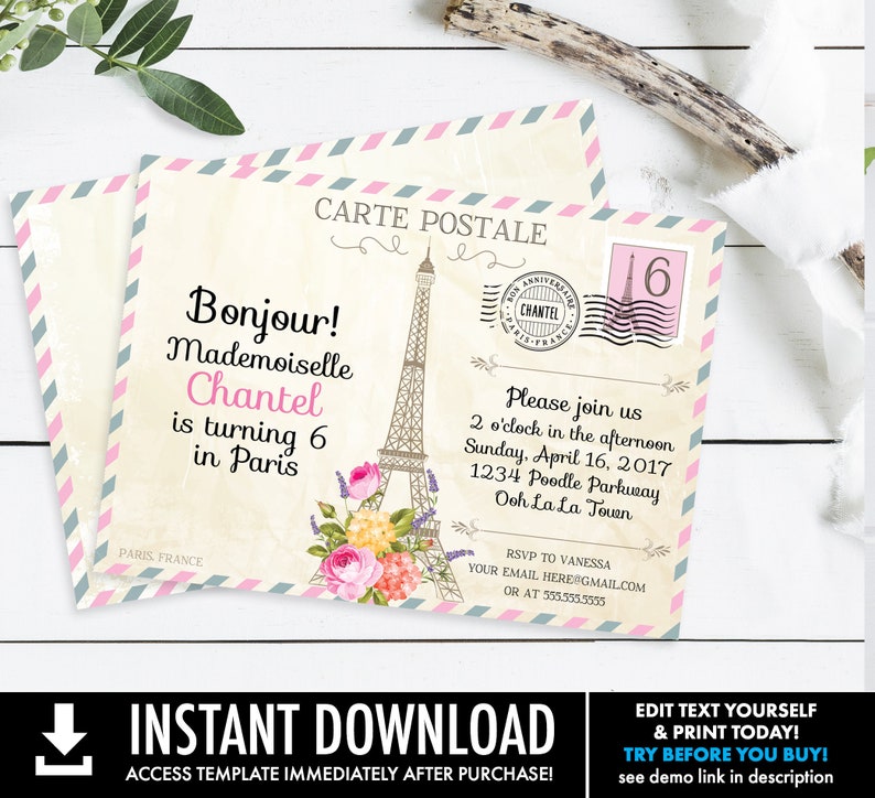 Paris Postcard Invitation Paris Birthday , Postcard to Paris, First Birthday Self-Edit with CORJL INSTANT DOWNLOAD Printable Template image 1