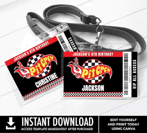 Pit Crew Badge, Cars Birthday Party, VIP All Access Badge, Pit Crew ID Badge, Race Car | Edit using CANVA–Instant Download Printable