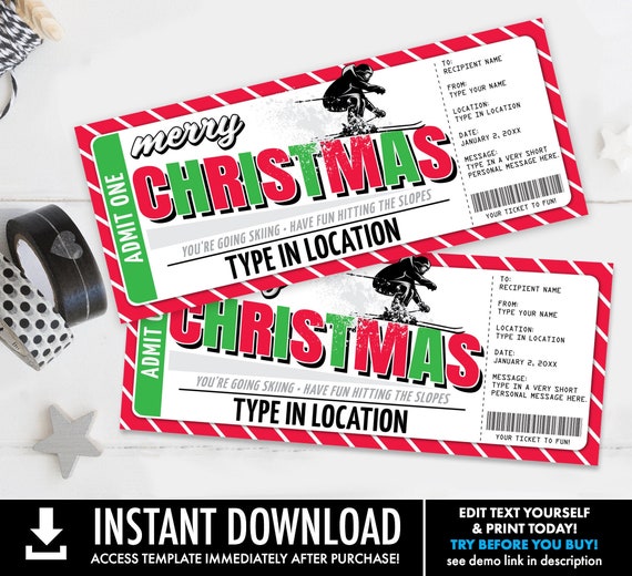 Christmas Ski Trip Ticket Gift Voucher, Skiing holiday Vacation Self