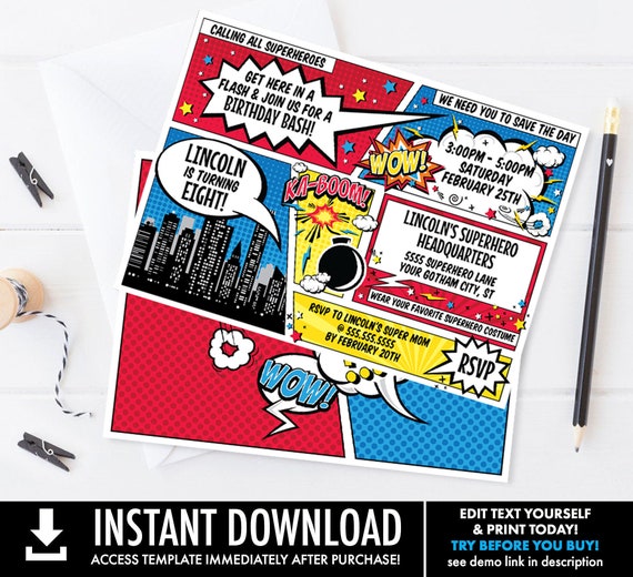 Superhero Invitation - Superhero Birthday Party, ONE-Name Invite, Comic Book | Self-Edit with CORJL - INSTANT Download Printable Template