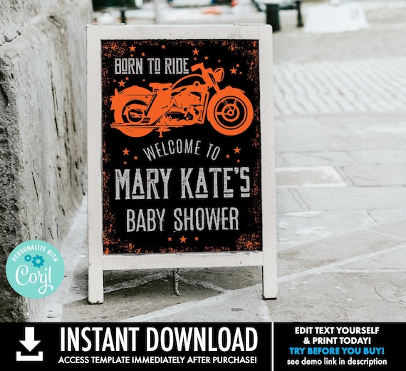 Motorcycle Baby Shower 18x24 Welcome Sign/Poster - Born to Ride Shower Sing | Self-Edit with CORJL - INSTANT DOWNLOAD Printable Template