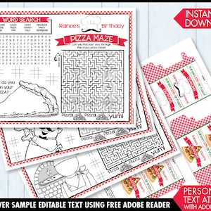 May include: Printable pizza-themed activity pack for a birthday party. Includes a word search, a pizza maze, and a "What do you like on your pizza?" prompt. The pack also includes a set of printable crayon boxes with a pizza theme.