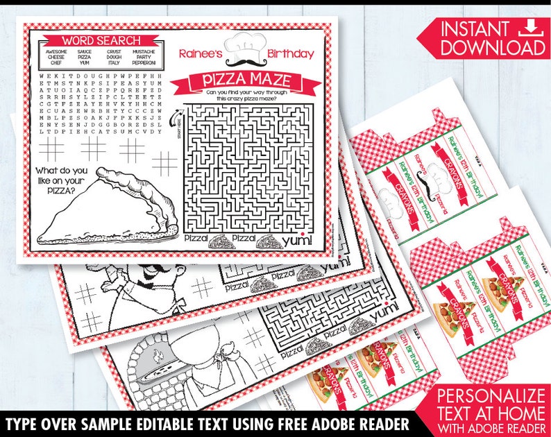 May include: Printable pizza-themed activity pack for a birthday party. Includes a word search, a pizza maze, and a "What do you like on your pizza?" prompt. The pack also includes a set of printable crayon boxes with a pizza theme.