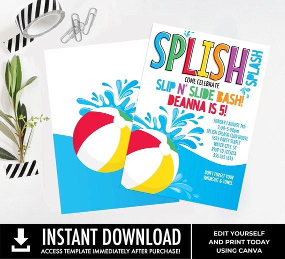 Slip n' Slide Party,Summer Party,Slip n' Slide Bash,Birthday Party,Pool Party | Personalize using CANVA–INSTANT DOWNLOAD Printable