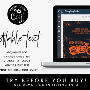 May include: A laptop computer screen displaying a digital design template with a motorcycle graphic and the text "Born to Ride". The design is on a black background with a distressed texture. The text "Corjl | Simply EverydayMe" is visible in the top right corner of the screen.
