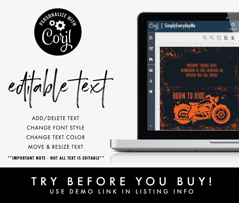 May include: A laptop computer screen displaying a digital design template with a motorcycle graphic and the text "Born to Ride". The design is on a black background with a distressed texture. The text "Corjl | Simply EverydayMe" is visible in the top right corner of the screen.