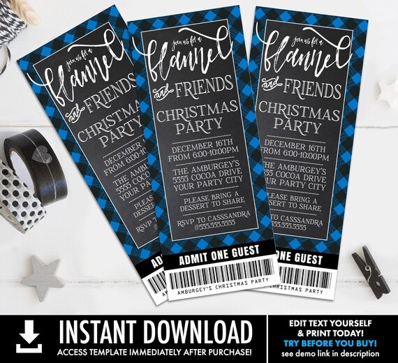 Flannel & Friends Party Ticket Invite, Flannel and Frost Christmas Buffalo Plaid Winter Party | Edit with CORJL–INSTANT DOWNLOAD Printable