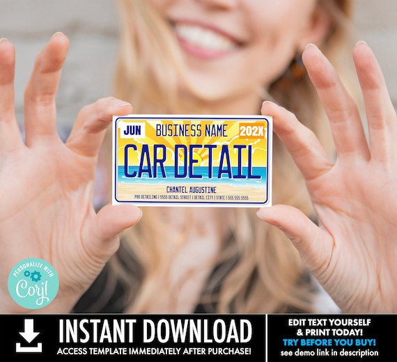 Car Detailing Business Card Template, License Plate Car Detail Business Cards | Self-Edit with CORJL-INSTANT DOWNLOAD Printable