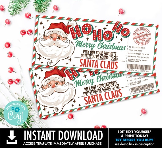 Santa Photo Ticket, Pictures with Santa Claus Voucher, Retro Santa Gift Certificate | Self-Edit with CORJL-INSTANT Download Printable