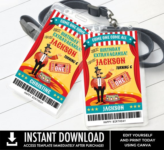 Carnival Circus VIP Badge, Carnival Party, Circus Party, All Access Pass |Edit with CANVA - INSTANT Download Printable Template