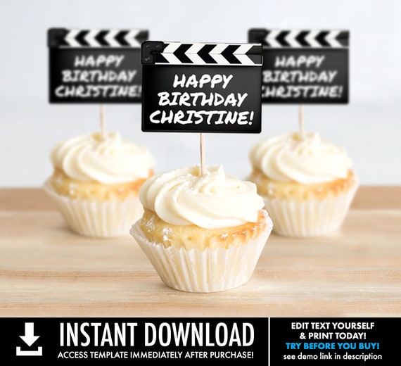 Movie Party Cupcake Toppers - Movie Clapper Topper, Movie Night Birthday | Self-Editing with CORJL - INSTANT DOWNLOAD Printable