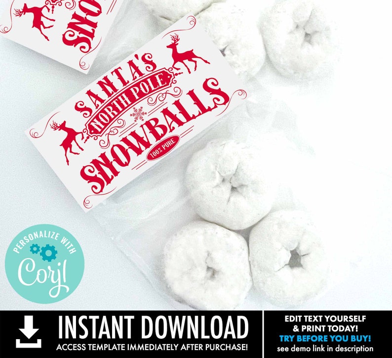 Pode incluir: Um r&oacute;tulo imprim&iacute;vel para um saco de bolas de neve de chocolate branco. O r&oacute;tulo &eacute; vermelho e branco e apresenta uma rena com o texto "Santa's North Pole Snowballs 100% Pure".