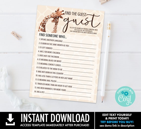 Giraffe Baby Shower Find the Guest Game, Shower Games, Party Games  | Self-Edit with CORJL - Instant DOWNLOAD Printable