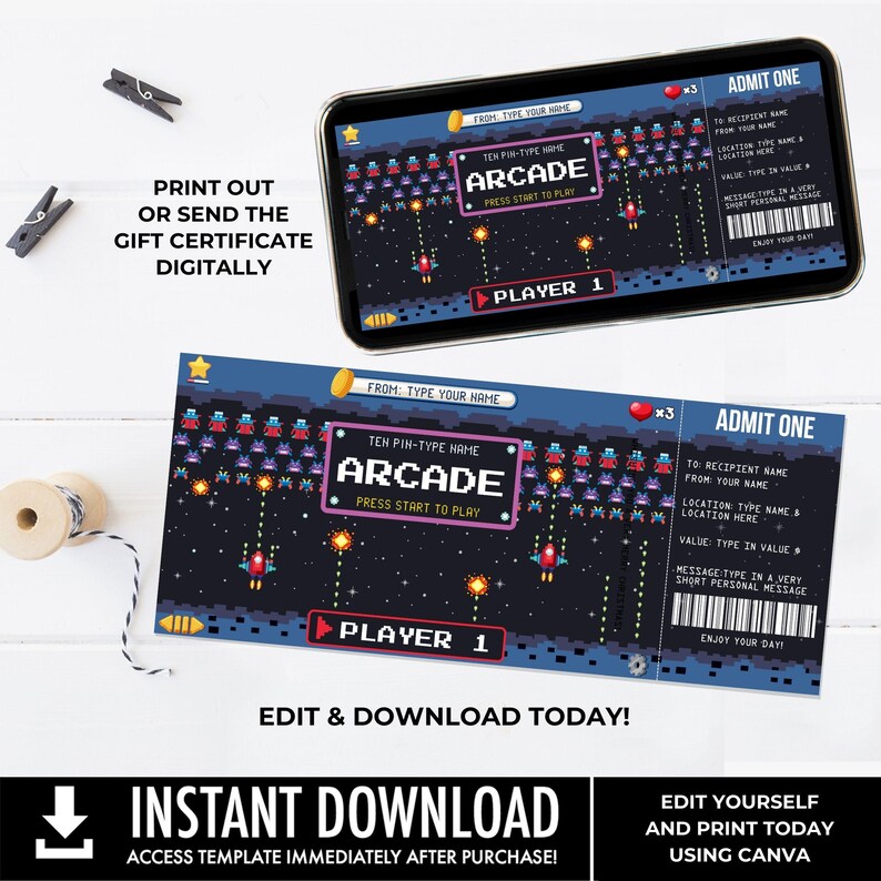 Arcade Gift Certificate, Retro Video Game Arcade Surprise Gift Voucher ...