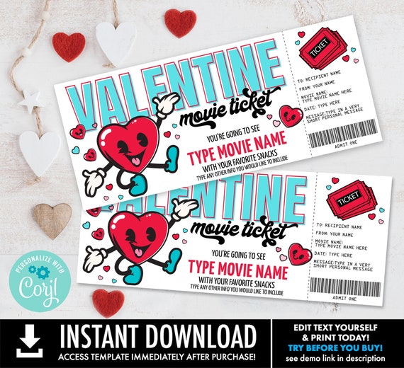 Valentine Movie Ticket, Surprise Valentine Movie Tickets, Movie Gift Certificate | Self-Edit with CORJL-INSTANT DOWNLOAD Printable