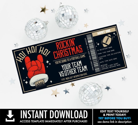 Santa Football Ticket Christmas Gift, Rockin Santa Football Game Ticket Gift Certificate | Personalize with CORJL–INSTANT DOWNLOAD Printable