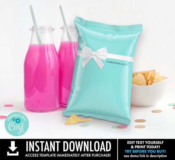 Chip Bag, Turquoise, Birthday, Baby Shower, Bridal Shower, Sweet Sixteen Birthday | You personalize using CORJL - INSTANT DOWNLOAD Printable