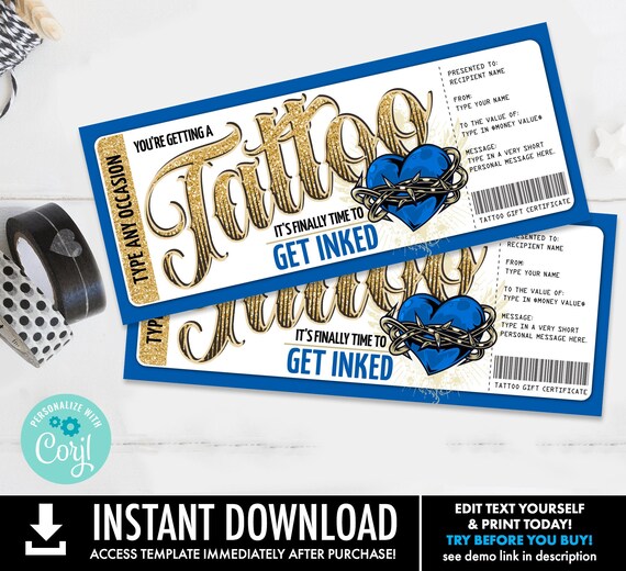 Tattoo Gift Certificate - Heart Design - Get Inked Gift Card Voucher,Blue & Gold Glitter | Self-Edit with CORJL - INSTANT DOWNLOAD Printable