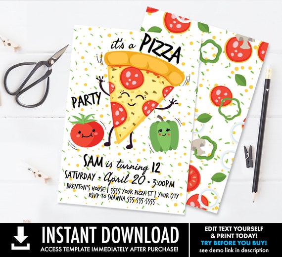 Pizza Party Invitation - Pizza Birthday Party, Pizza Party, Italian Party | Self-Edit with CORJL - INSTANT DOWNLOAD Printable Template Il_570xn