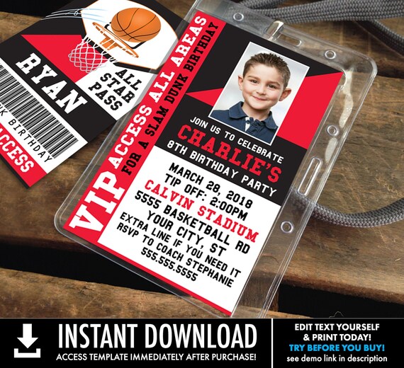Basketball VIP ID Badge Invitation - Basketball Invite Badge, All Star Badge | Self-Edit with CORJL - Instant Download Printable Template Il_570xn