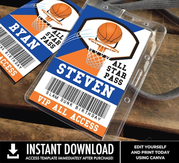 Basketball All Star ID Badge - Basketball Party, Basketball VIP All Access Pass | You Personalize using CANVA–Instant Download Printable