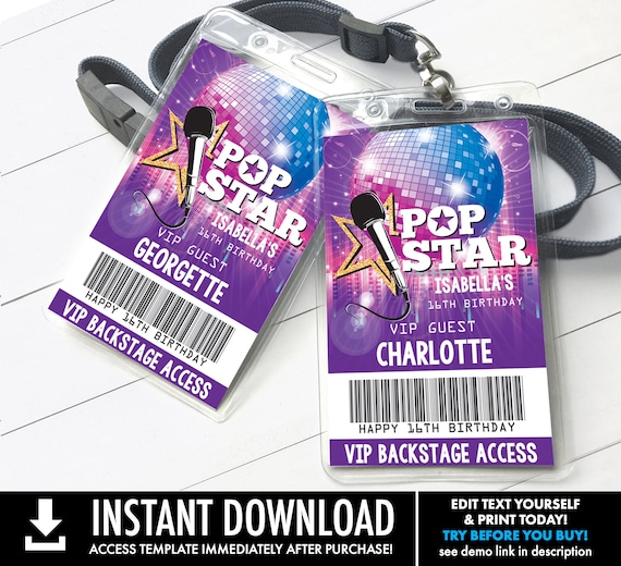 Pop Star Party VIP Badge, Party like a Pop Star, Rock n Roll, Backstage VIP Pass | Self-Edit with CORJL Instant Download Printable Template
