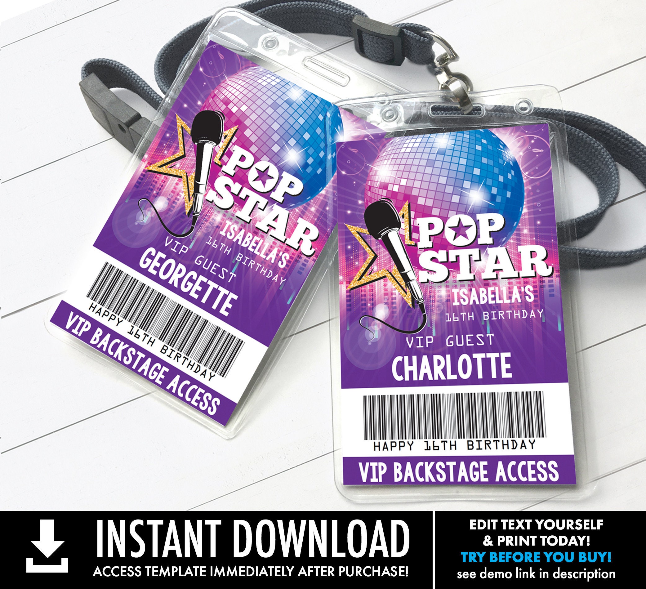 Pop Star Party VIP Badge Party Like A Pop Star Rock N Roll Backstage VIP Pass Self Edit