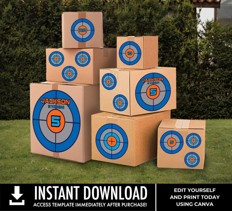 May include: A stack of cardboard boxes with target designs printed on them. The boxes are decorated with blue, orange, and grey circles. The text "JACKSON IS TURNING 5" is printed on one of the boxes.