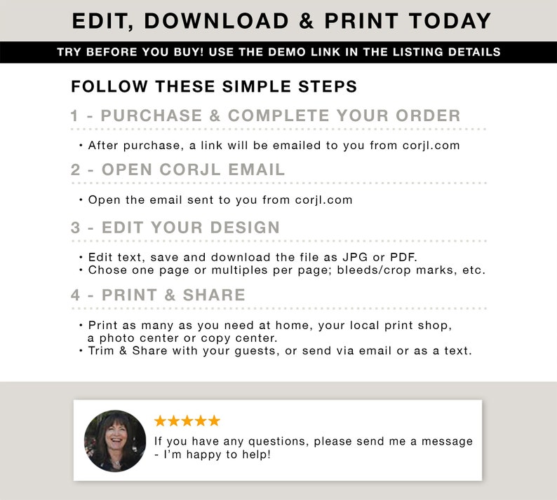 May include: A white background with black text explaining how to edit, download, and print a digital design. The text includes the steps to purchase, open an email, edit the design, and print and share the design. A photo of a woman with a smiling face is in the bottom right corner with a five-star rating and the text "If you have any questions, please send me a message - I'm happy to help!"