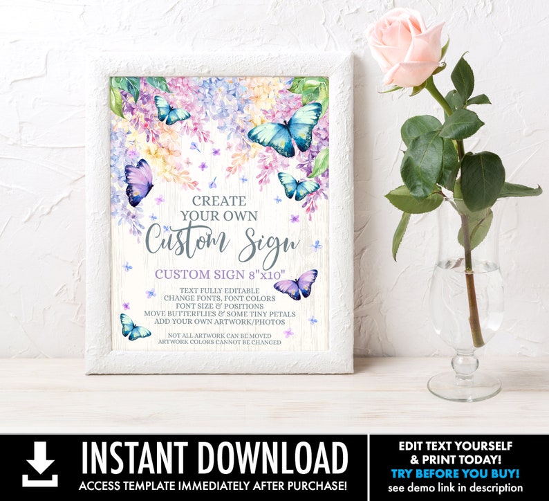 Butterfly 8x10 Custom Sign/Poster Butterflies & Flowers, Spring Garden Self-Edit with CORJL INSTANT DOWNLOAD Printable image 1