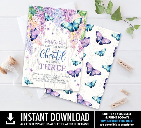 Butterfly Party Invitation - Butterfly Kisses & Birthday Wishes, Spring, Garden Party | Self-Edit with CORJL - INSTANT DOWNLOAD Printable Il_570xn