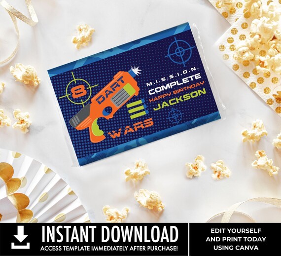 Dart Wars Popcorn Wrap/Label, Dart Wars Party, Target Party, Microwave Popcorn Label | Edit Text using CANVA–INSTANT Download Printable