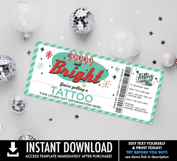 Christmas Tattoo Gift Certificate, Time To Get Inked Gift Voucher, Santa Gift | You Personalize with CORJL-INSTANT DOWNLOAD Printable