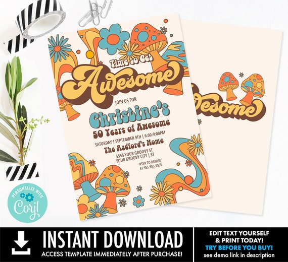 Editable Retro Time To Get Awesome Invite,Let's Get Awesome,Let's Get Groovy Party | You Personalize using CORJL-INSTANT DOWNLOAD Printable