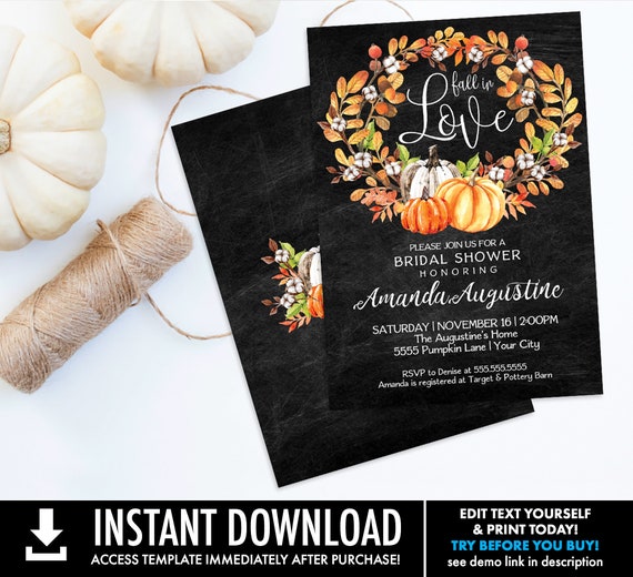 Fall in Love Bridal Shower Invitation, Pumpkin Shower, Autumn Shower, Wedding Shower | Self-Editing with CORJL - INSTANT DOWNLOAD Printable Il_570xn