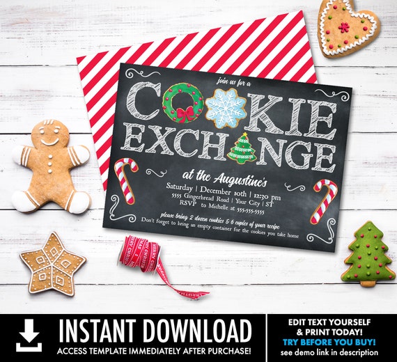 Cookie Exchange Party Invitation - Cookie Party, Holiday Cookie Party, Cookie Swap | Self-Edit with CORJL - INSTANT DOWNLOAD Printable