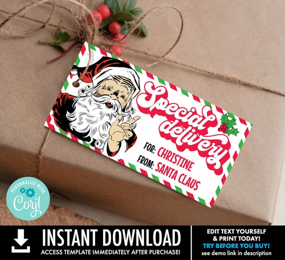 Retro Santa Special Delivery Tag, Gift From Santa,Christmas Gift Tag,Homemade Treat Tag | Personalize using CORJL-INSTANT Download Printable